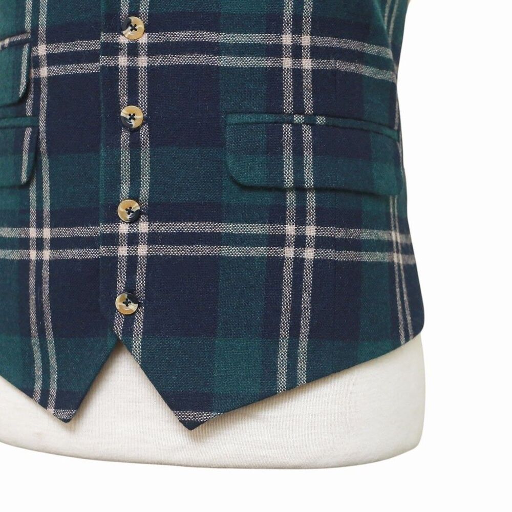 Mens Plaid Vest 44R Blue Green Beige Wool Waistcoat XL Western Casual Wedding - Picture 6 of 9